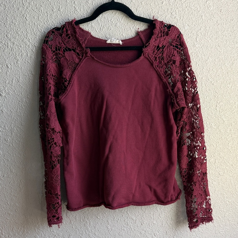 Elegant Lace Sleeve Burgundy Distressed Top